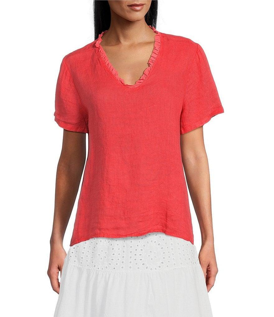 M Made in Italy Ruffle V-Neck Short Sleeve Linen Top Product Image