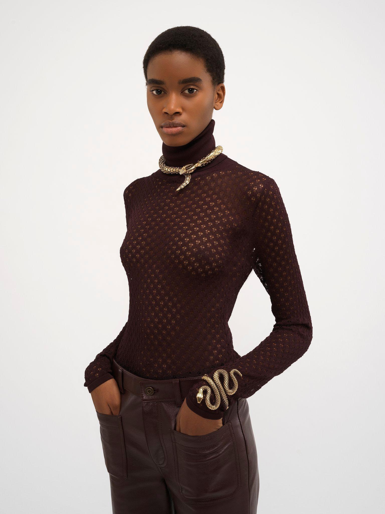 Fitted turtleneck sweater in lace knit Product Image