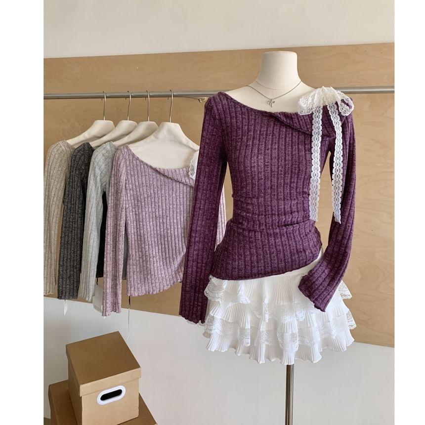 Long-Sleeve Boatneck Asymmetrical Knit Top Product Image