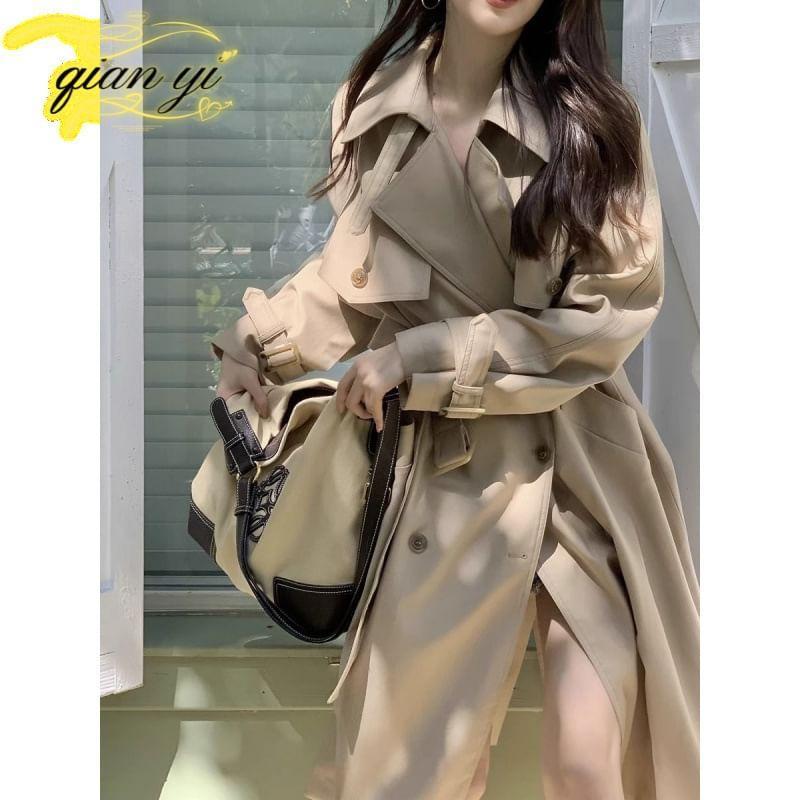 Collar Plain Midi Double-Breasted Trench Coat Product Image