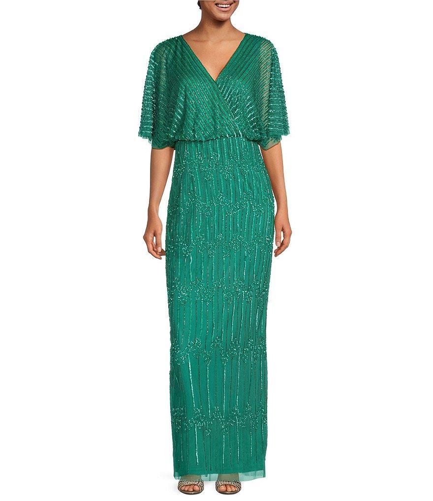 Adrianna Papell Beaded Short Flutter Sleeve V-Neck Blouson Gown Product Image