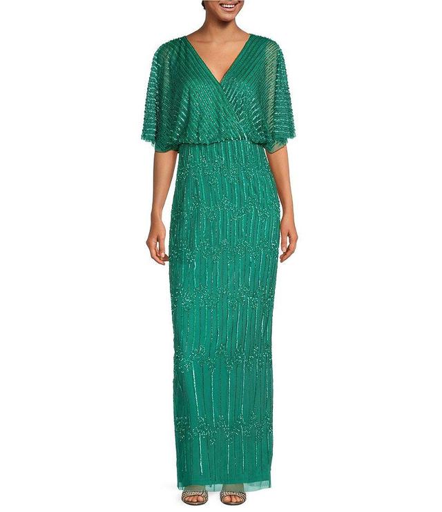 Adrianna Papell Petite Size Short Flutter Sleeve Surplice V-Neck Beaded Mesh Gown Product Image