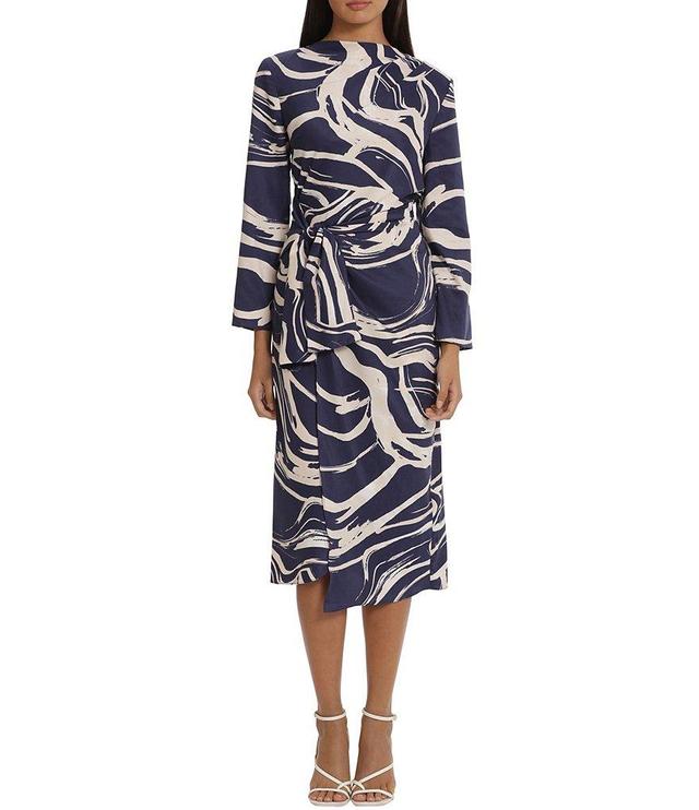 Donna Morgan Printed High Mock Neck Long Sleeve Tie Waist Draped Asymmetrical Hemline Dress Product Image