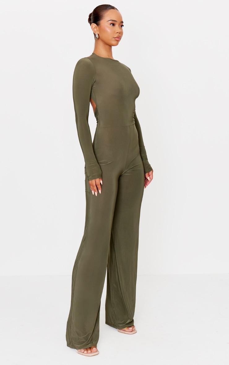 Khaki Slinky Cut Out Back Detail Jumpsuit Product Image