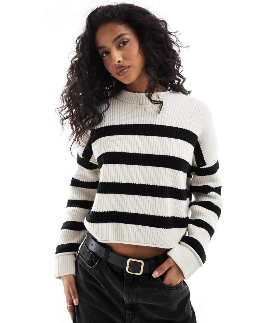 Pull&Bear ribbed knitted sweater in black and sand stripe Product Image