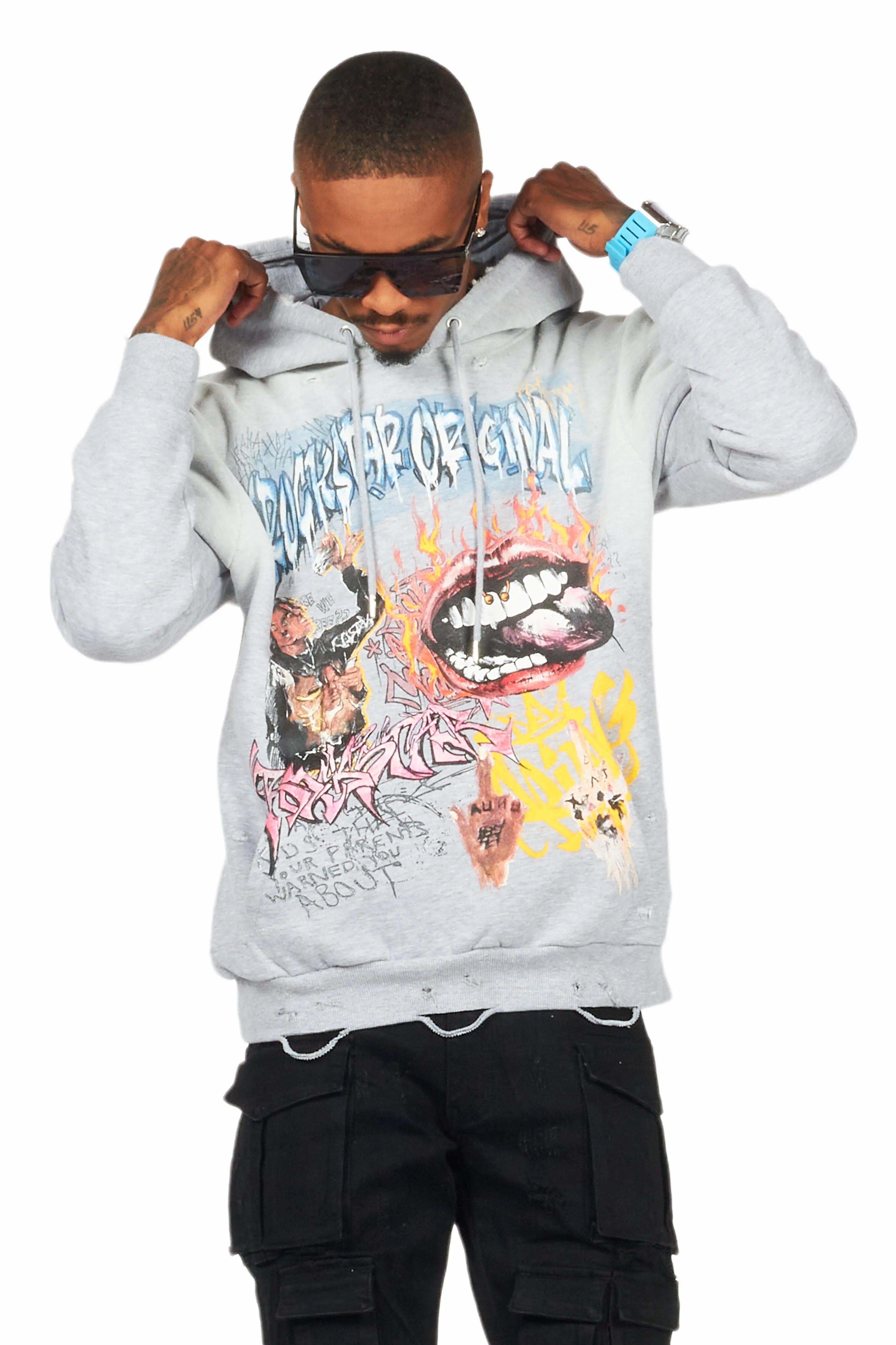 Yooz Heather Grey Graphic Hoodie Male Product Image