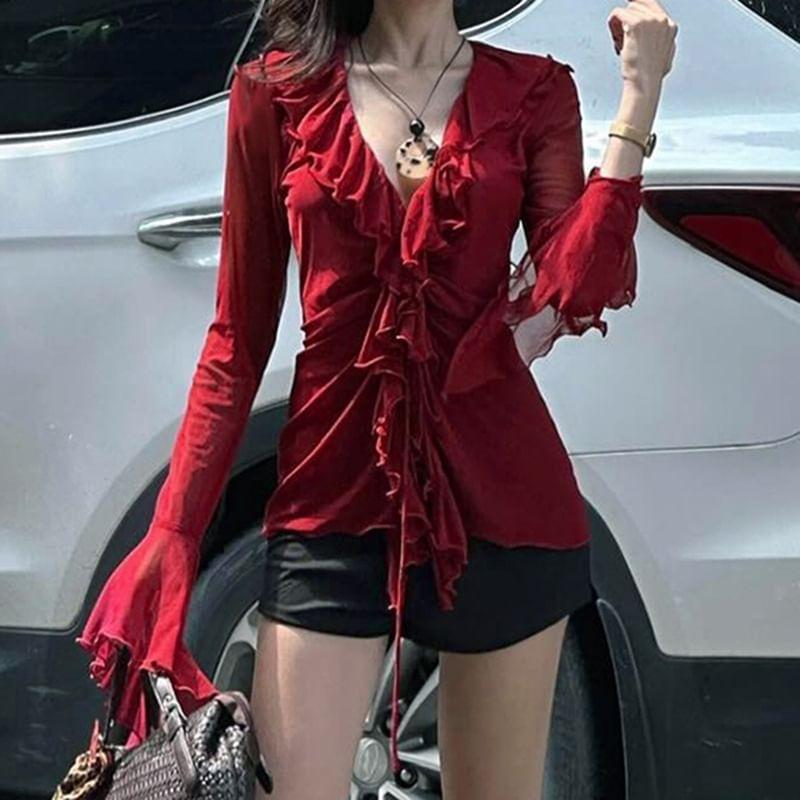 Long-Sleeve V-Neck Plain Ruffled Mesh Top Product Image