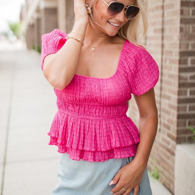 Safe Space Here Hot Pink Smocked Waist Blouse Product Image