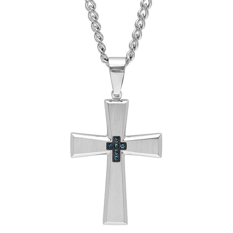 Mens Blue Diamond Accent Stainless Steel Cross Pendant Necklace Product Image