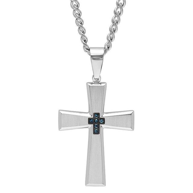 Mens Blue Diamond Accent Stainless Steel Cross Pendant Necklace Product Image