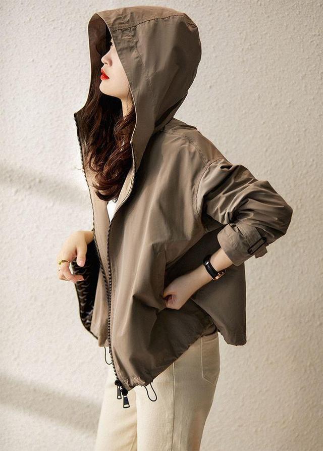 Plain Hooded Drawstring Hem Zip-Up Jacket Product Image