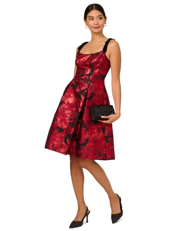 Adrianna Papell Womens Metallic-Jacquard Bow-Strap Dress - Black Product Image