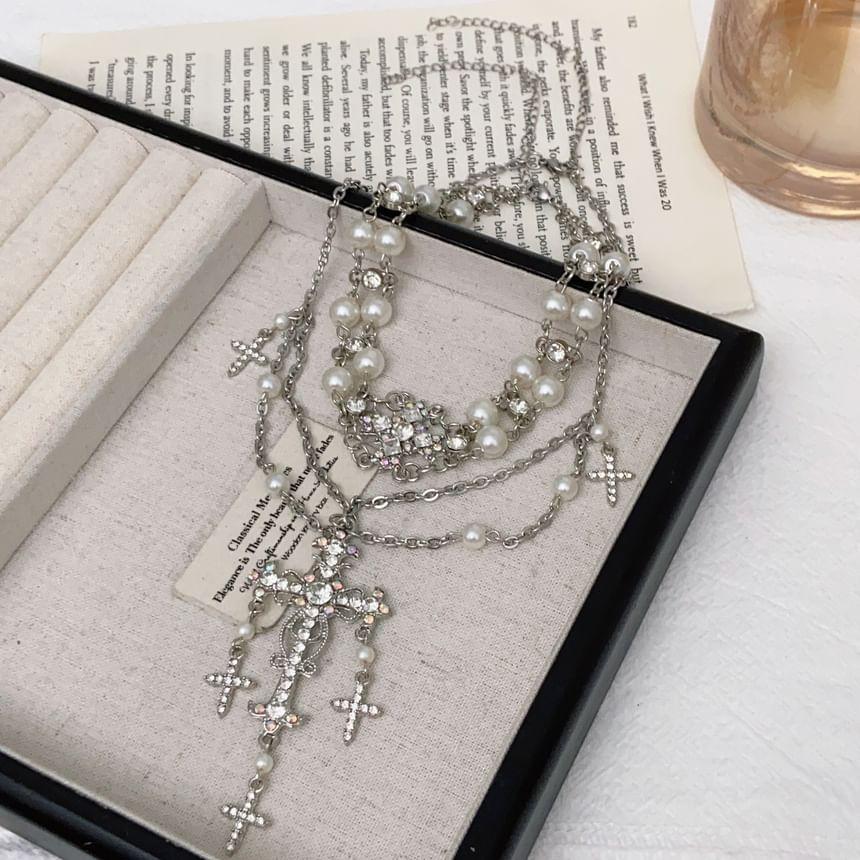 Rhinestone Cross Faux Pearl Layered Necklace Product Image