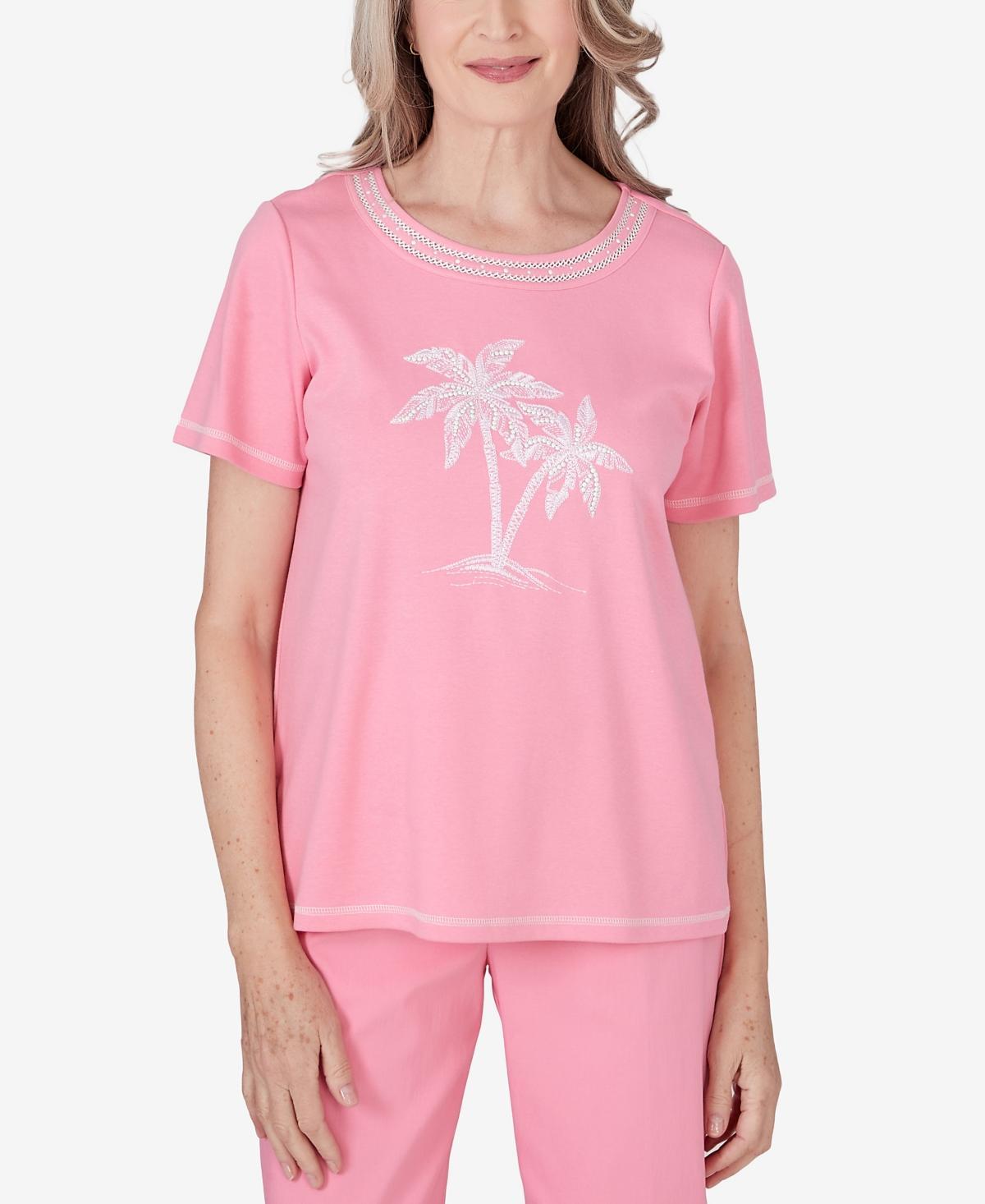 Alfred Dunner Womens Miami Beach Embroidered Palm Tree Short Sleeve Top Product Image