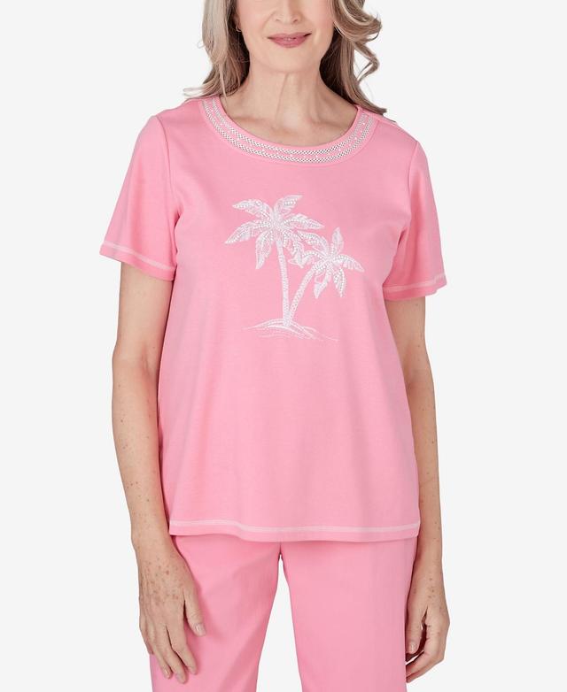 Alfred Dunner Womens Miami Beach Embroidered Palm Tree Short Sleeve Top Product Image