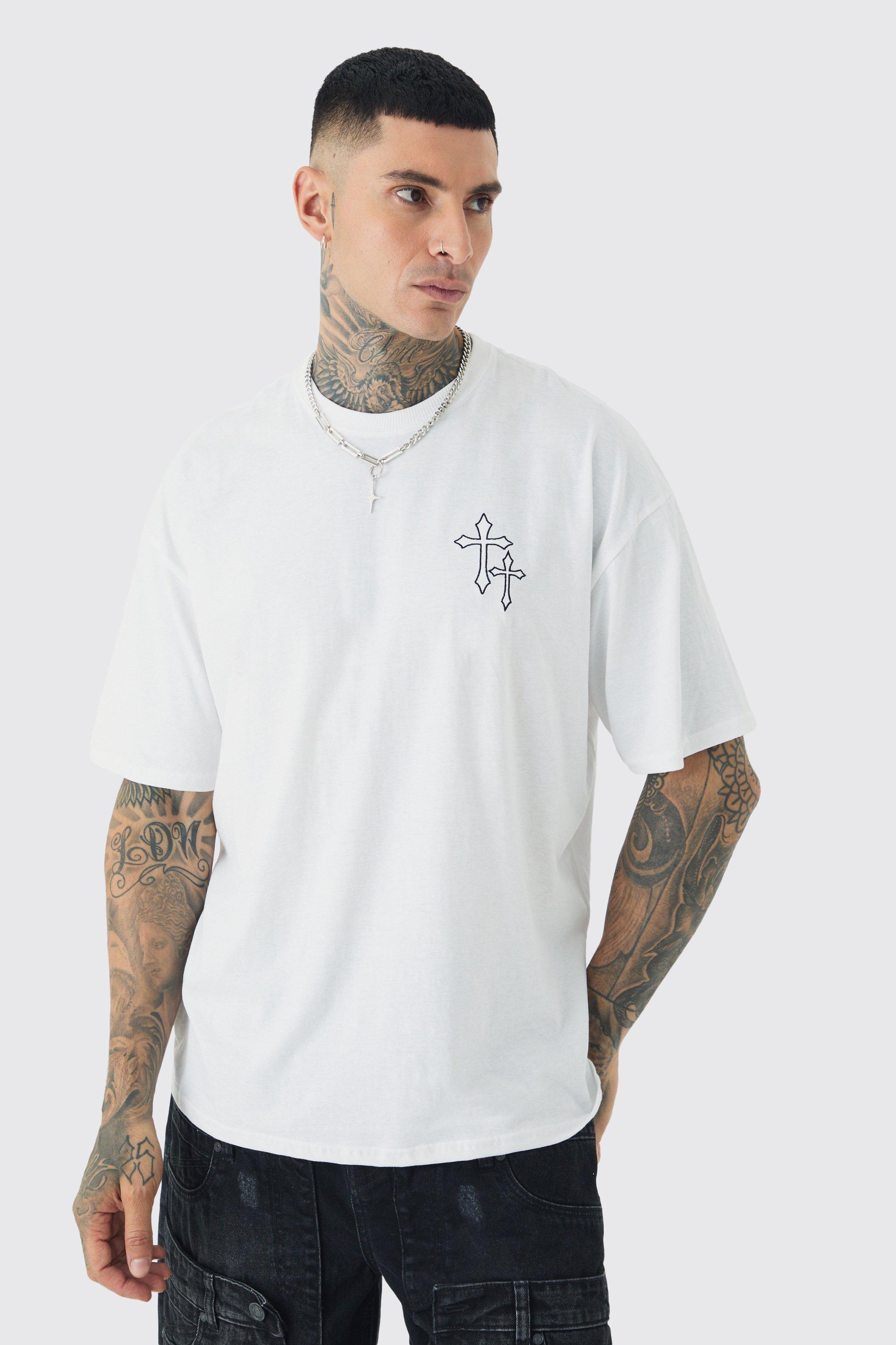 Tall Cross Embroidered T-shirt In White | boohooMAN USA Product Image