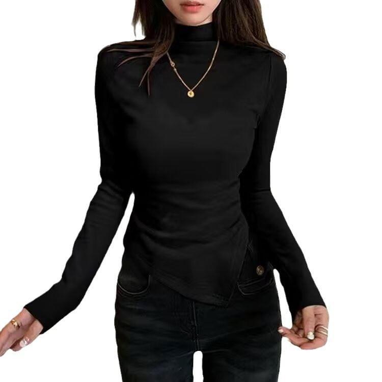 Long-Sleeve Mock Neck Plain Asymmetrical Tee Product Image