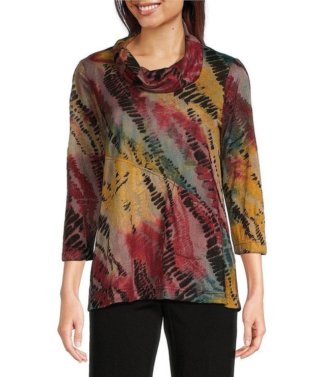 Ali Miles Petite Size Textured Knit Burnout Printed Cowl Neck 3/4 Sleeve Tunic Product Image