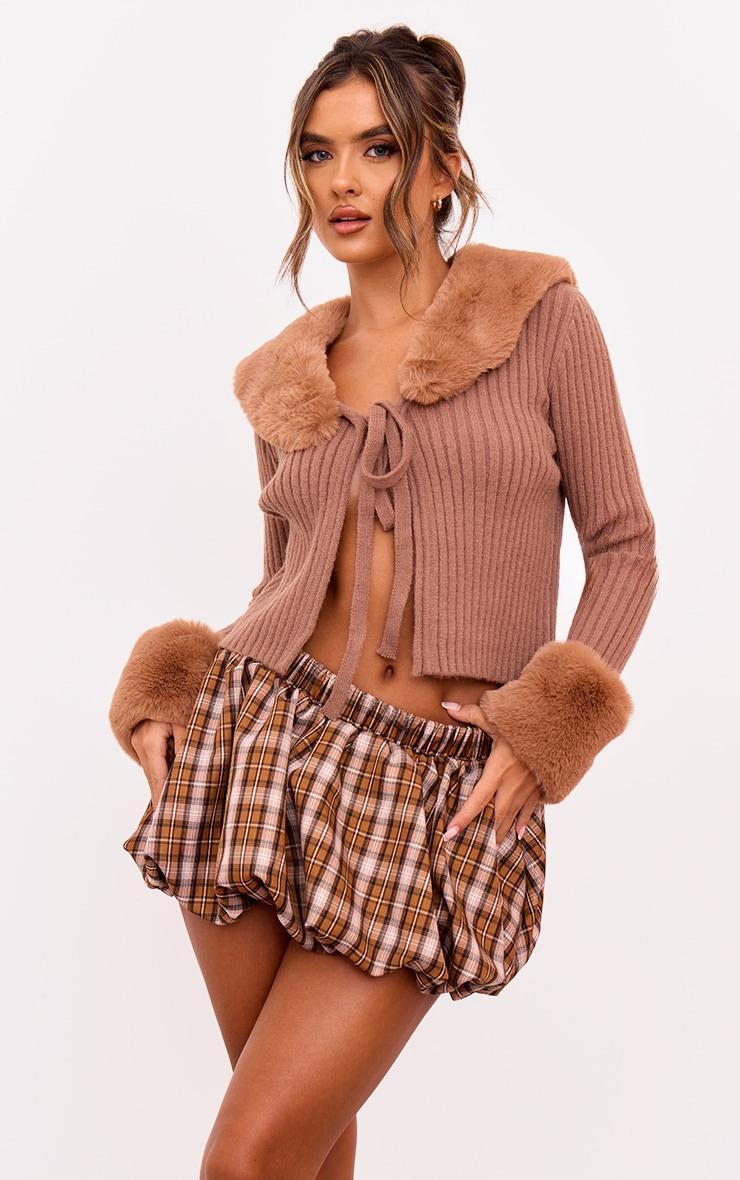 Chocolate Faux Fur Trim Detail Tie Front Top Product Image