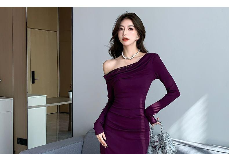 One Shoulder Long Sleeve Plain Lace Trim Bodycon Mini Dress Product Image