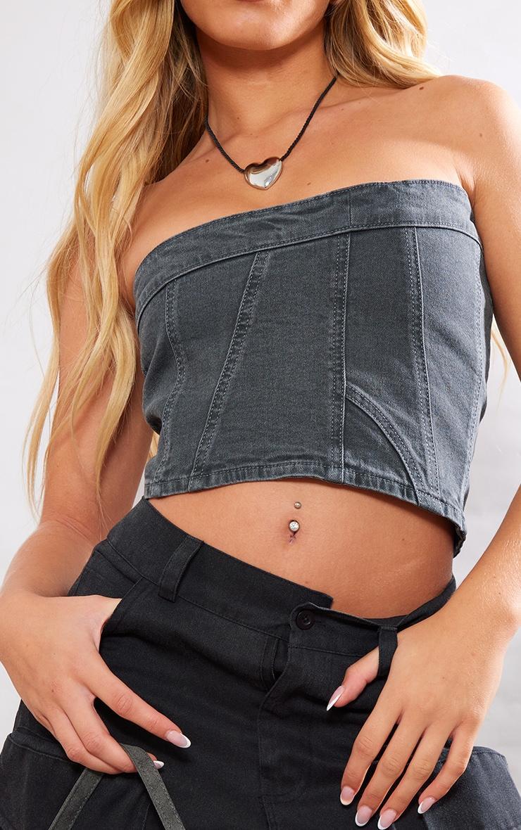 Washed Grey Bandeau Seam Detail Denim Corset Top Product Image