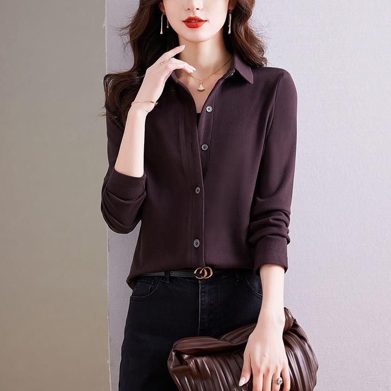 Long-Sleeve Velvet Plain Shirt Product Image