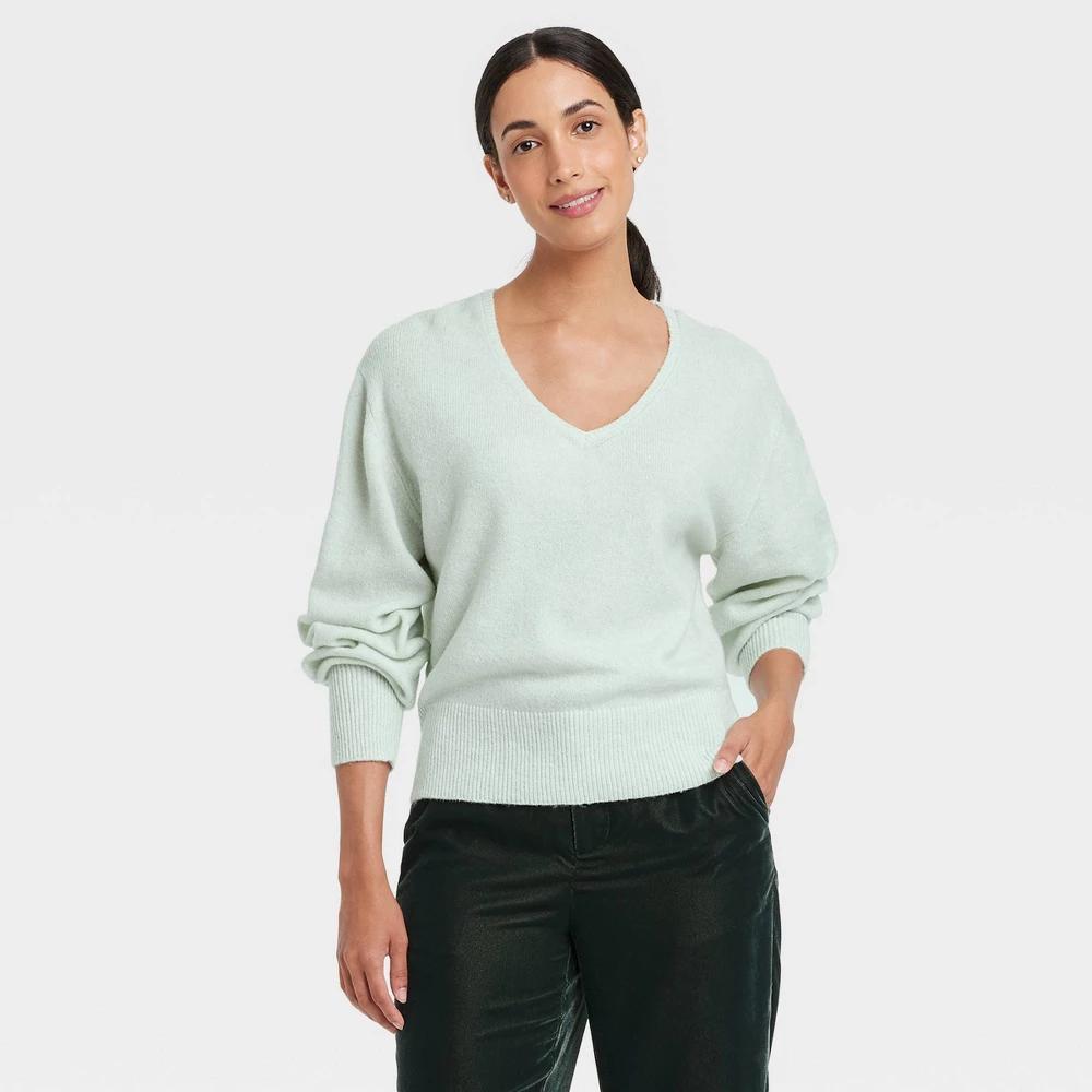 Womens Cozy Knit V-Neck Pullover Sweater - A New Day Mint XS Product Image