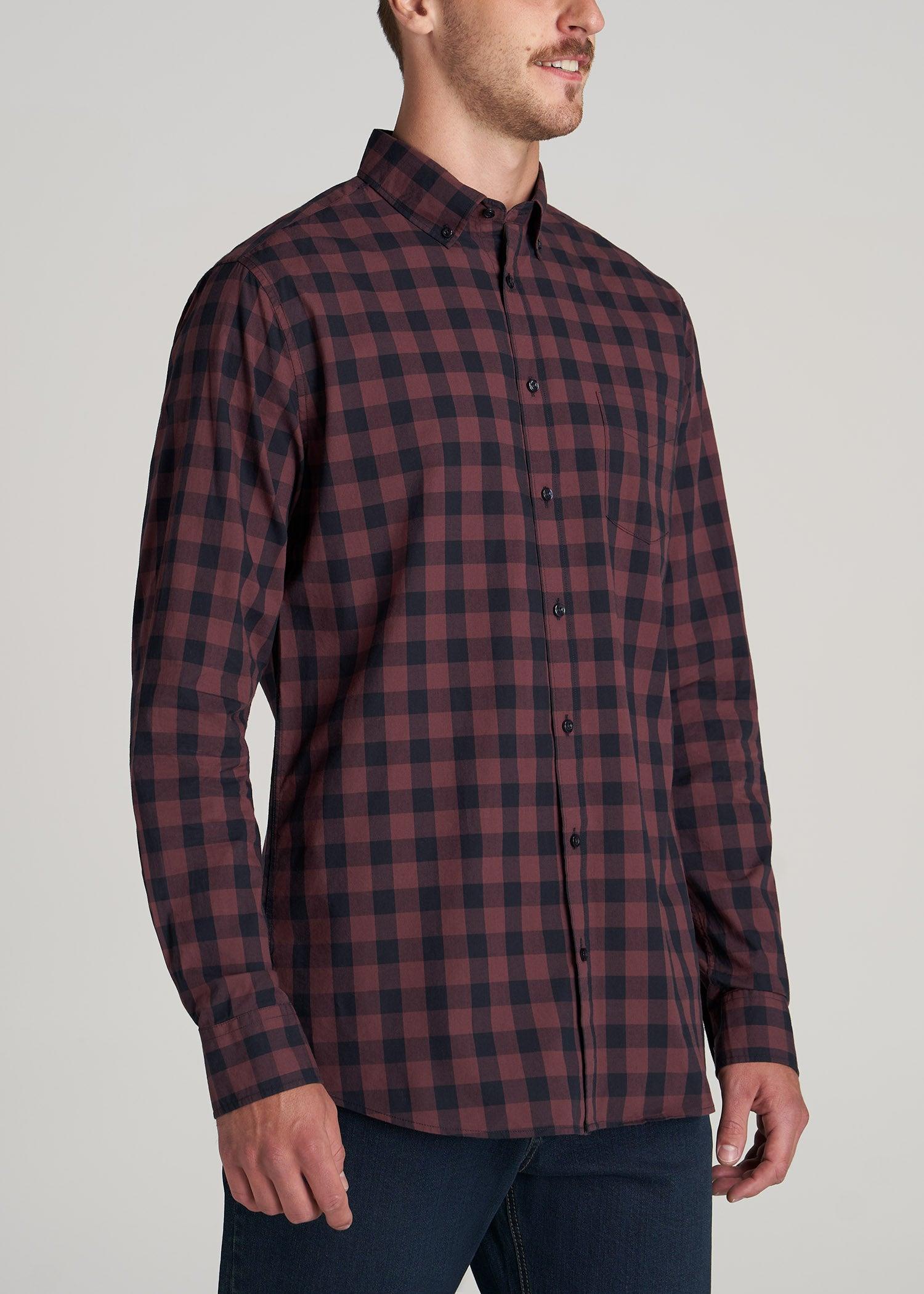 Soft-Wash Button-Up Shirt for Tall Men in Navy & Maroon Check Male Product Image