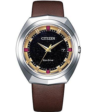 Citizen Mens Brown Leather Strap Eco-Drive Water Resistance 100 Stainless Steel Watch Product Image