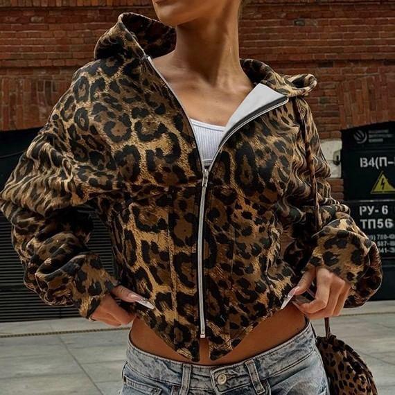 Long Sleeve Leopard Print  Zip-Up Crop Hooded Jacket Product Image