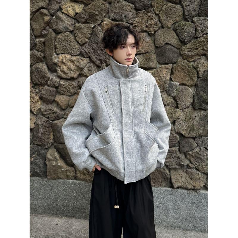 Stand Collar Plain Panel Zip Jacket Product Image