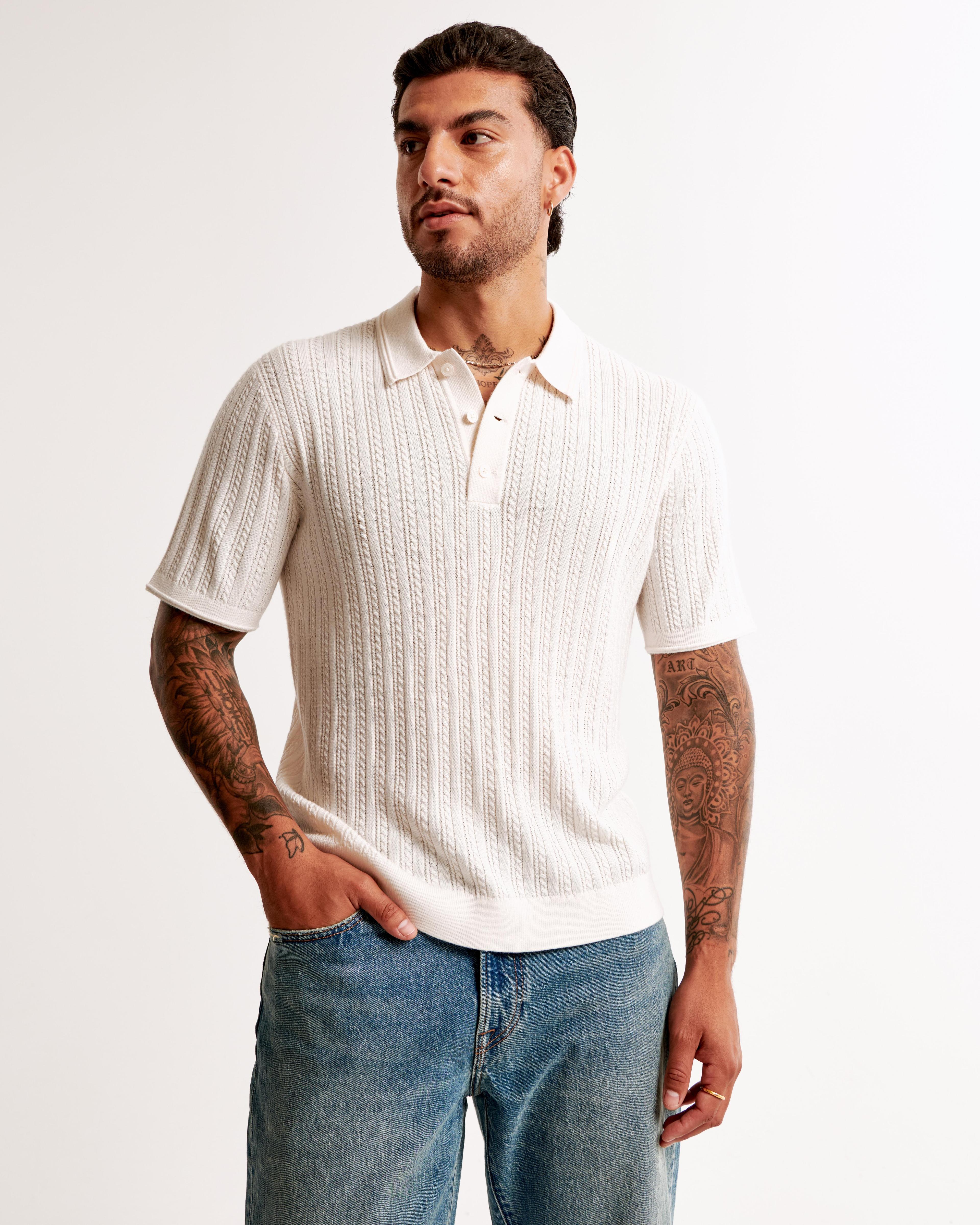 Merino Wool-Blend Cable 3-Button Sweater Polo Product Image