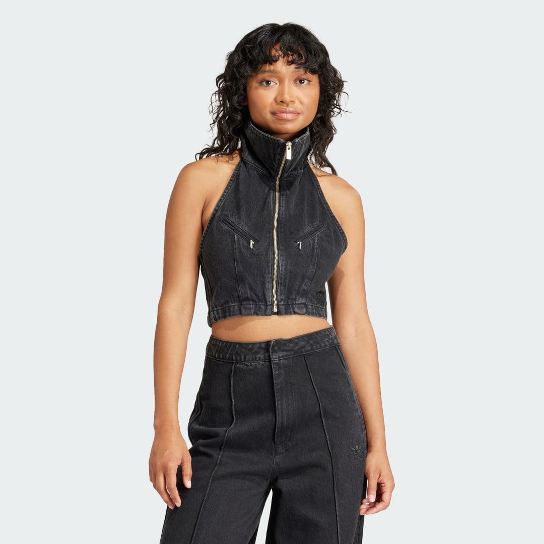 adidas Fashion Montreal Denim Cropped Vest Medium Black Denim 2XS Womens Product Image