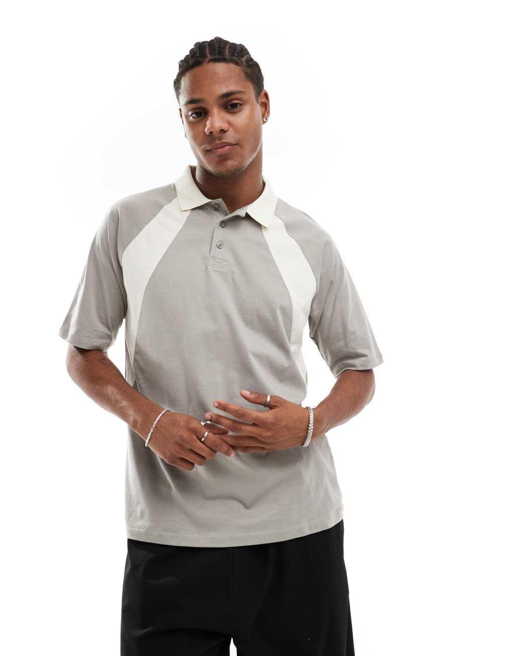 ASOS DESIGN relaxed raglan polo with cut and sew in khaki Product Image