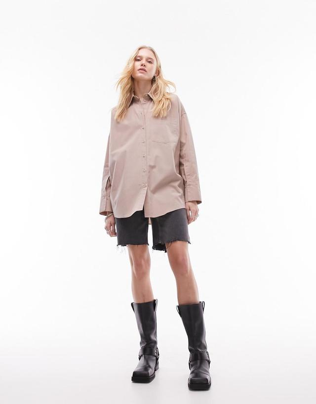 Topshop oversized poplin shirt in taupe Product Image