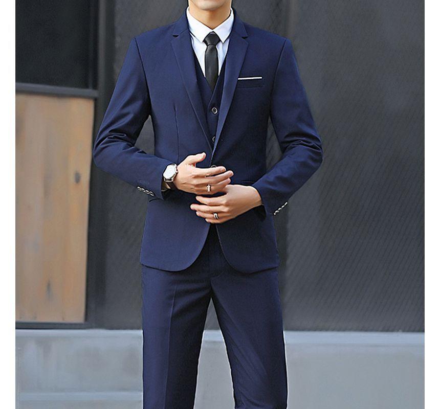 Set: Notch Lapel Plain Single-Breasted Blazer + Single-Breasted Vest + Mid Rise Straight Leg Dress Pants Product Image