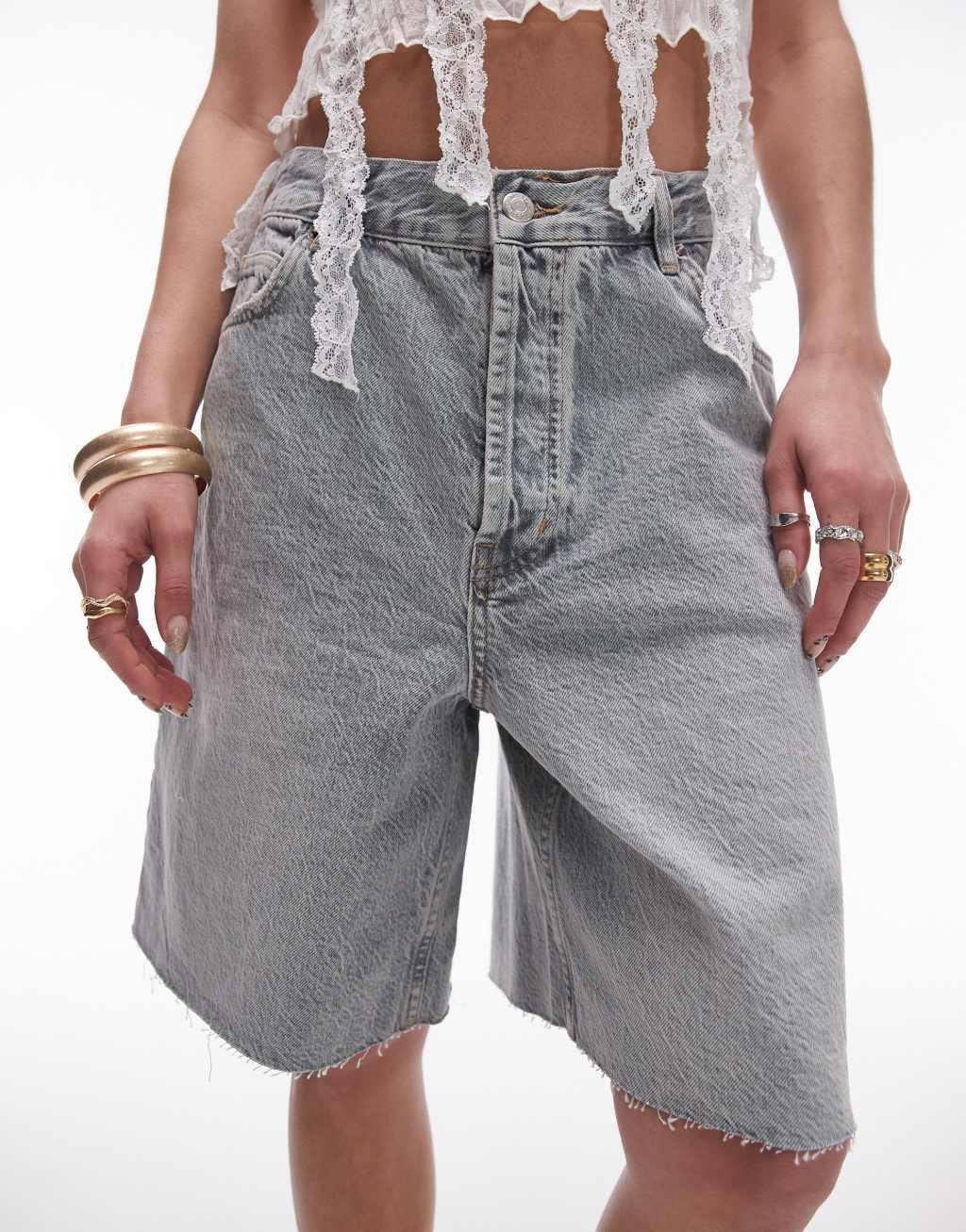 Topshop denim loose fit jorts in gravel wash  Product Image