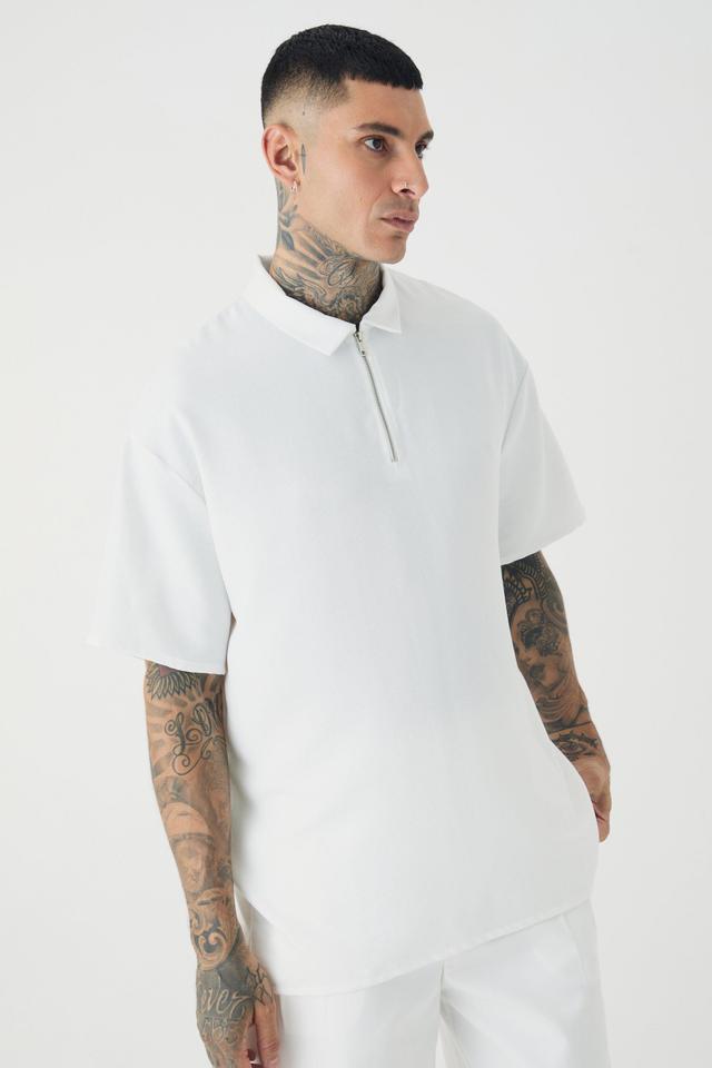 Tall Zip Up Linen Polo In White | boohooMAN USA Product Image