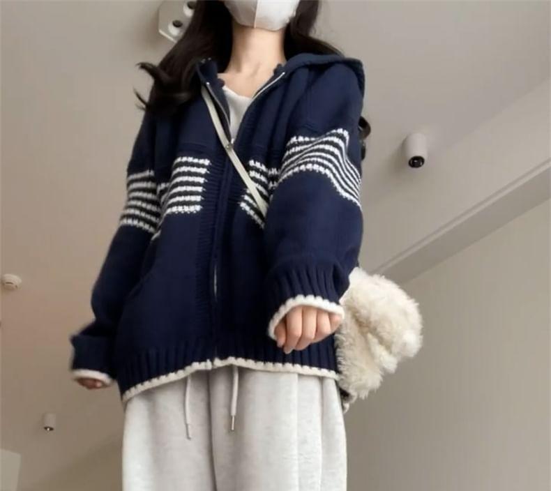 Striped Hooded Zip Cardigan Product Image