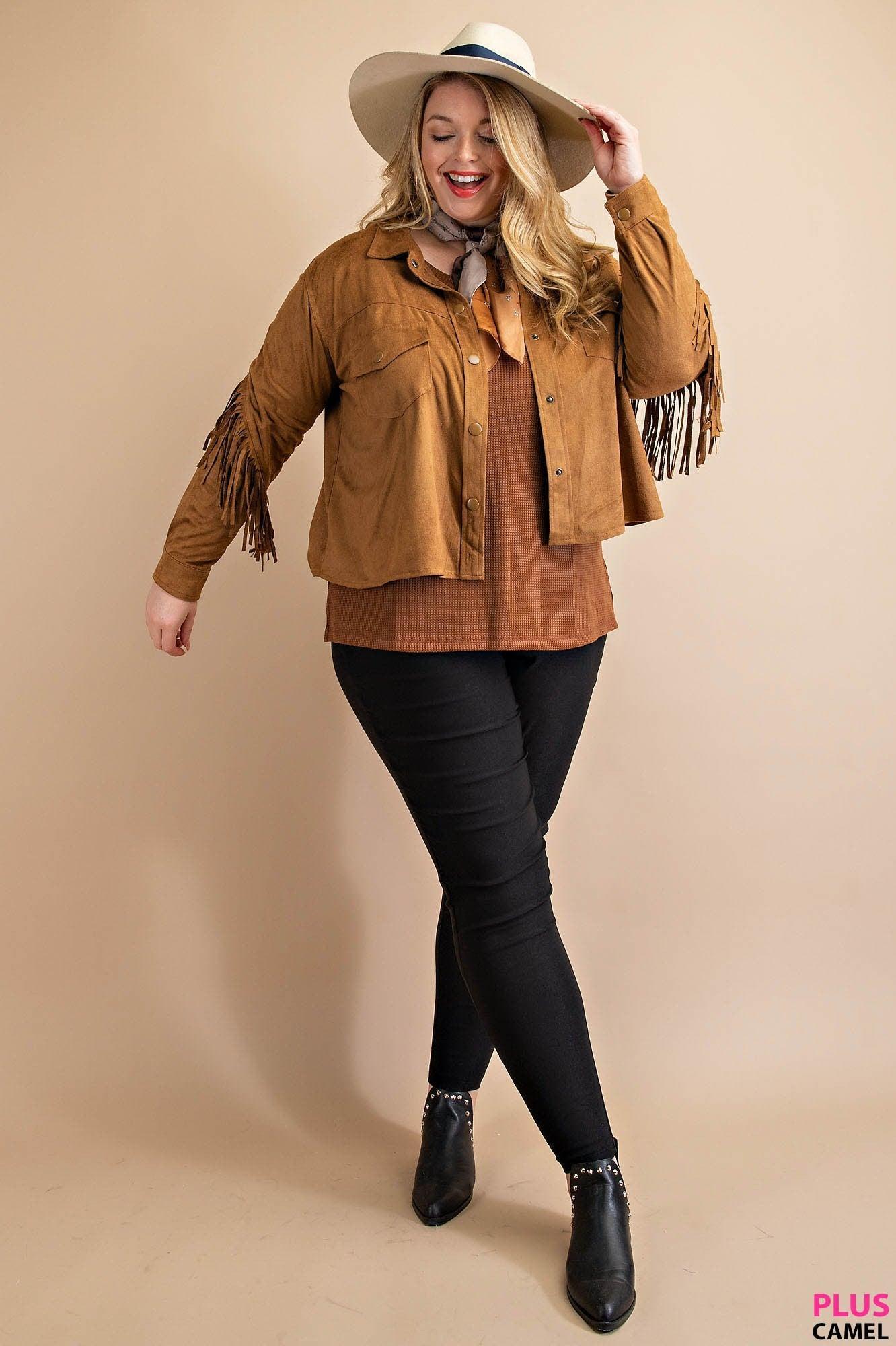 PLUS Camel Faux Suede Fringe Jacket Product Image