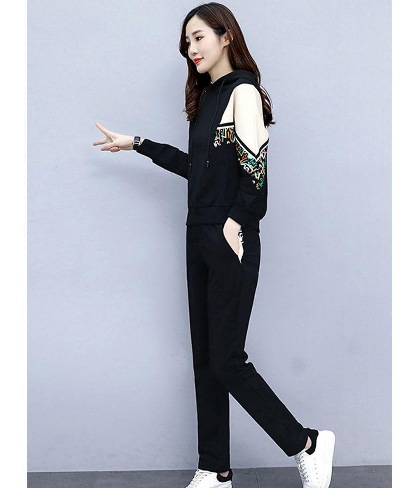 Set: Two Tone Hoodie + Drawstring Waist Sweatpants Product Image