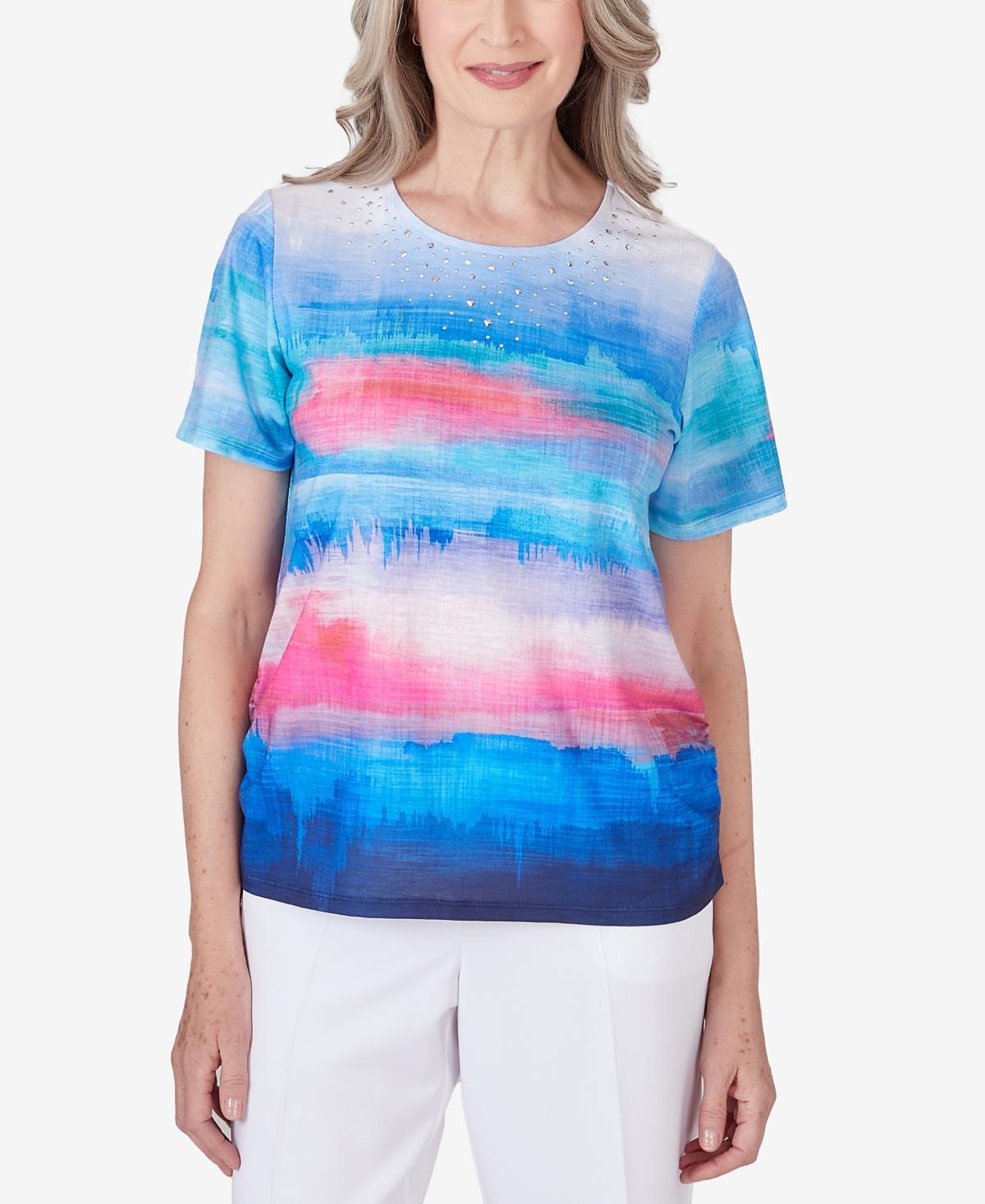 Womens Alfred Dunner Crew Neck Short Sleeve Watercolor Stripe Top with Side Ruching Product Image