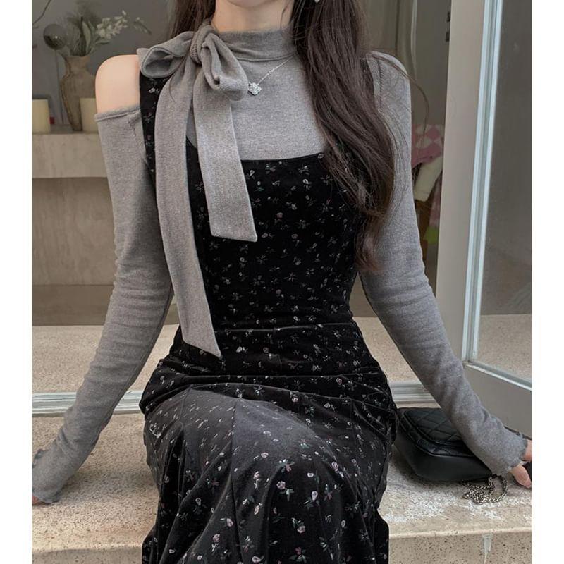 Set: Long Sleeve Cold Shoulder Plain Tie-Up Top + Sleeveless Square Neck Floral Print Velvet Midi Mermaid Dress Product Image