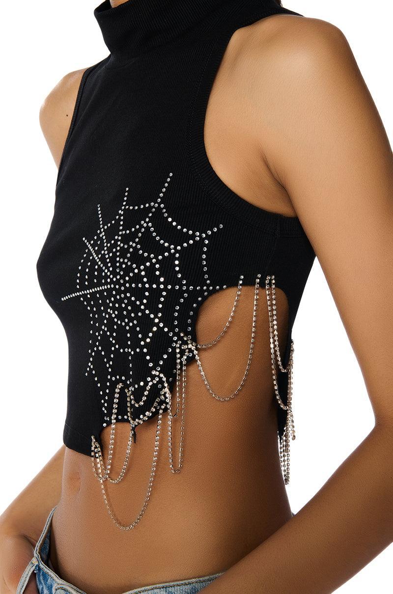 SPIDER WEBS MOCK NECK EMBELLISHED CROPPED TANK Product Image