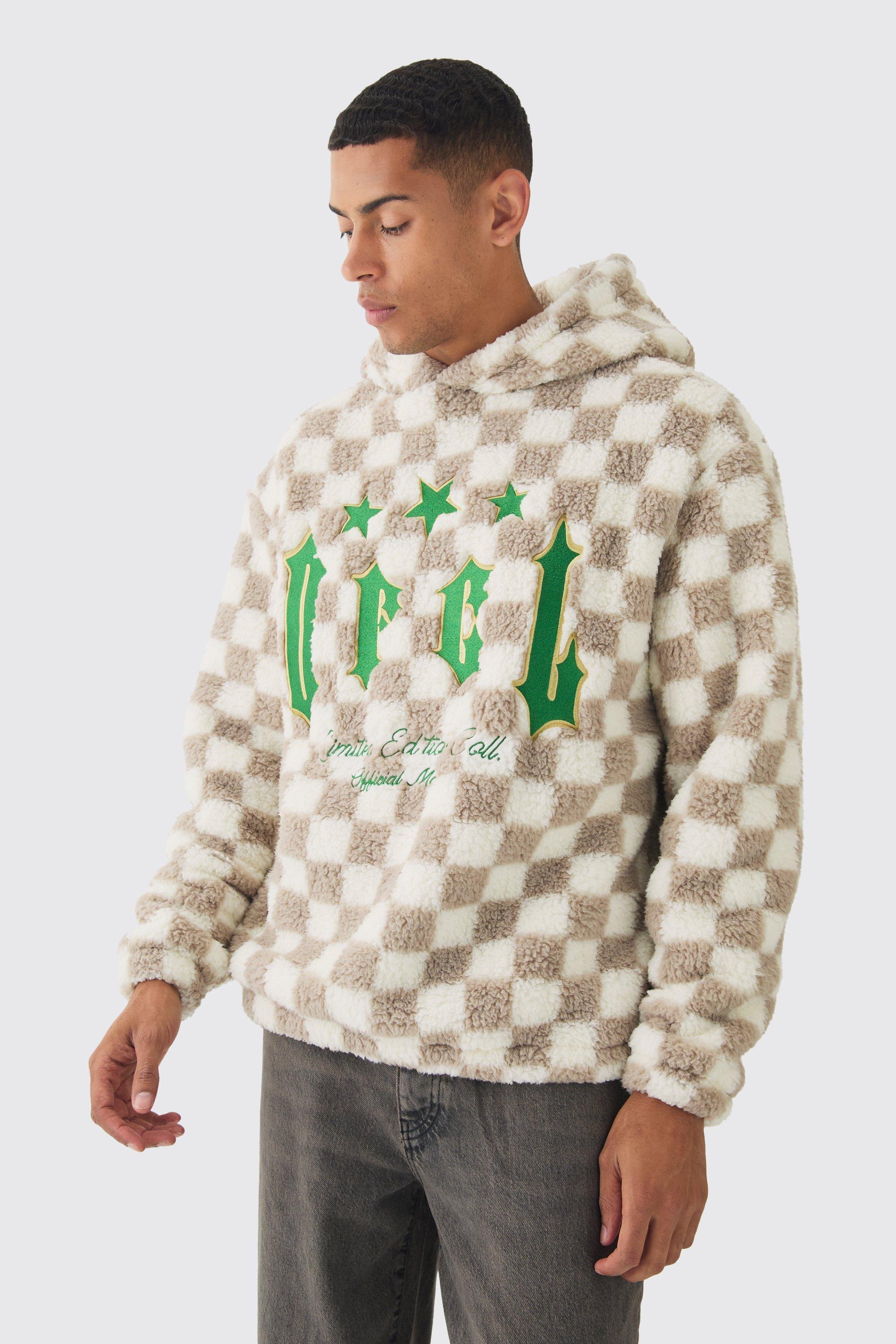 Oversized Ofcl Graphic Applique Checkerboard Teddy Borg Hoodie | boohooMAN USA Product Image