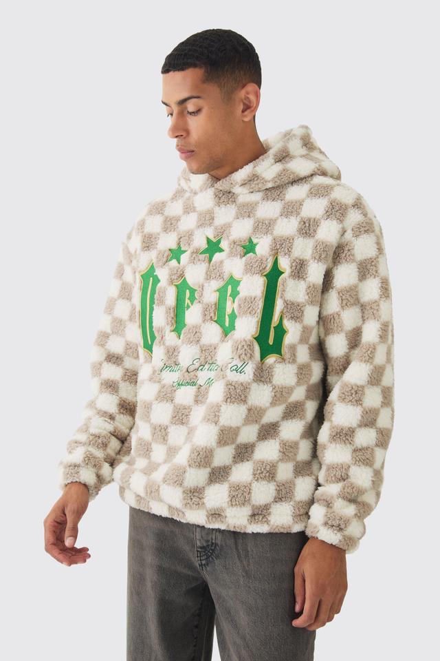 Oversized Ofcl Graphic Applique Checkerboard Teddy Borg Hoodie | boohooMAN USA Product Image