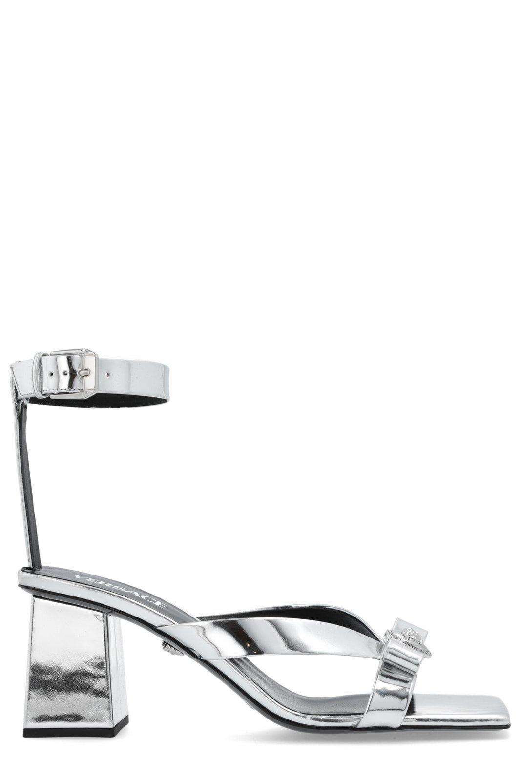 Medusa Head Metallic Leather Sandals In Silver Product Image