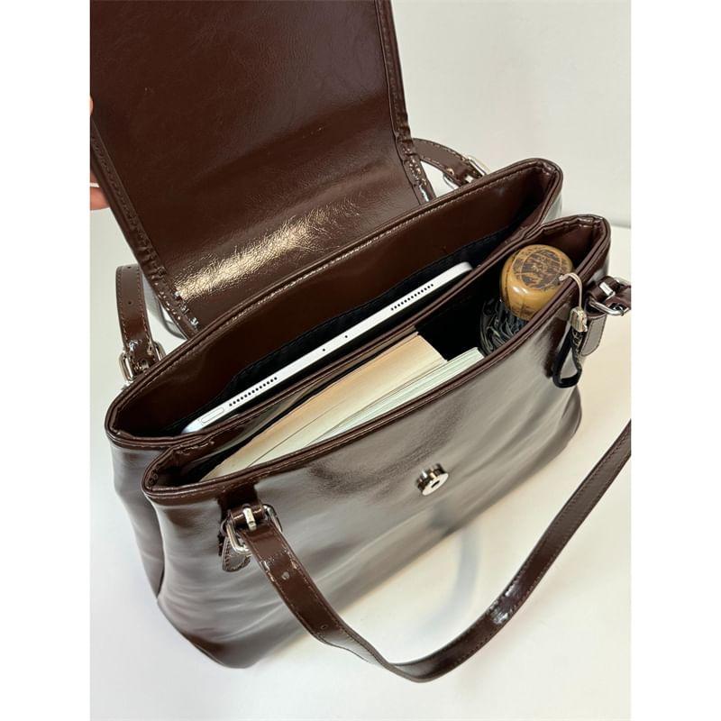 Plain Faux Leather Flap Tote Bag Product Image