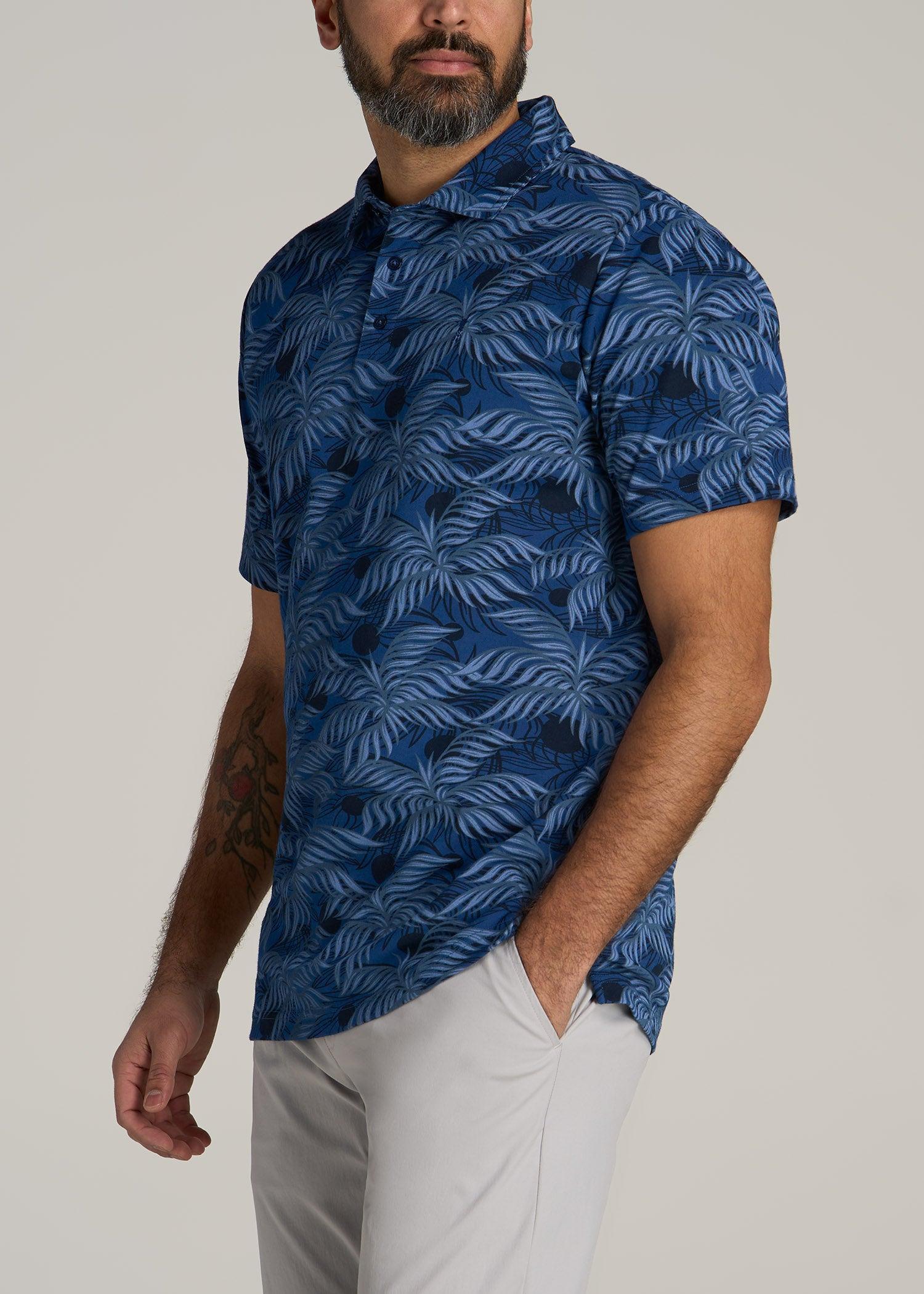 Cotton Stretch Print Polo Shirt for Tall Men in Blue Palm Male Product Image