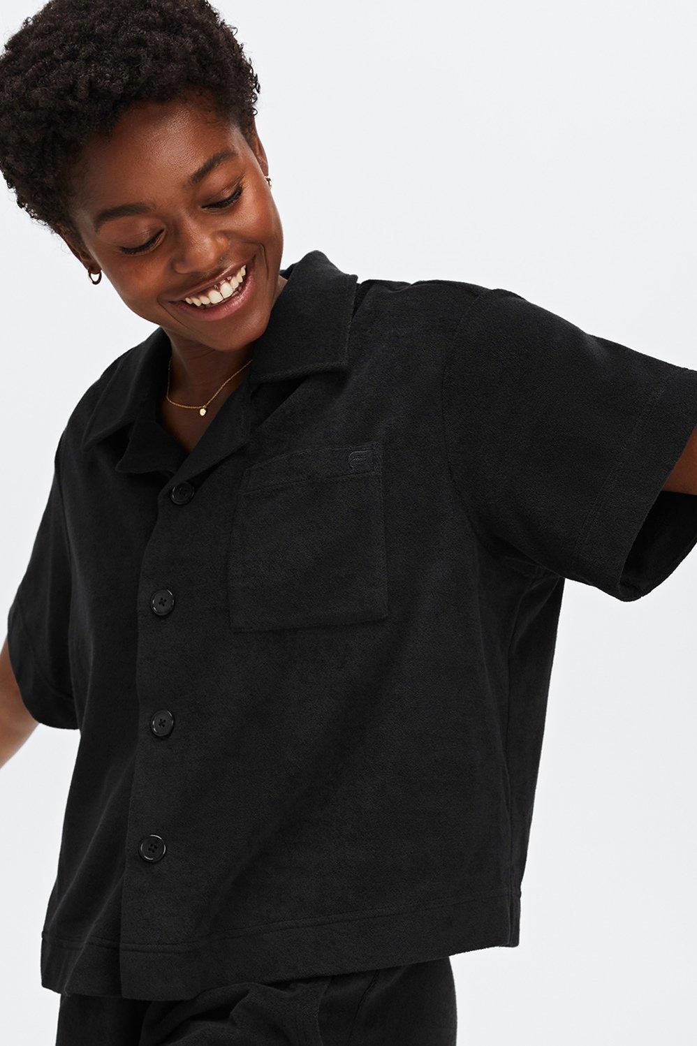 Fabletics Island Terry Boxy Button Up Womens black Size XXS product image